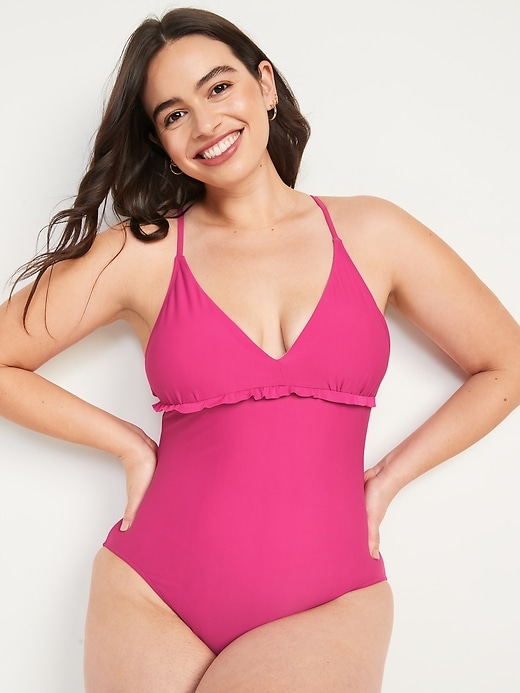 Image number 5 showing, V-Neck Ruffle-Trim Cutout One-Piece Swimsuit