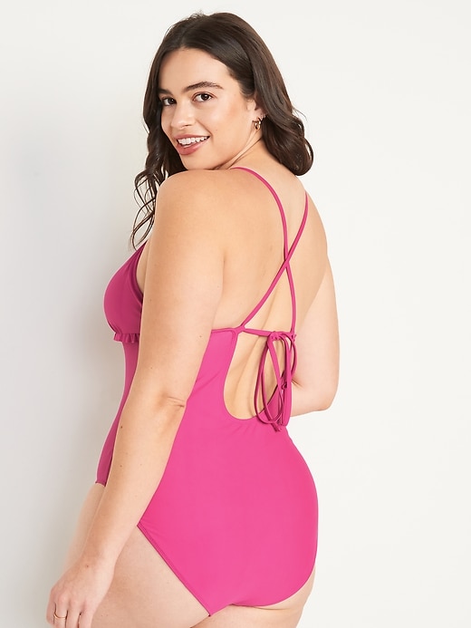 Image number 6 showing, V-Neck Ruffle-Trim Cutout One-Piece Swimsuit