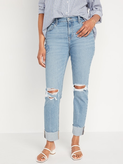 Image number 1 showing, Mid-Rise Boyfriend Straight Ripped Smiley Face Jeans for Women