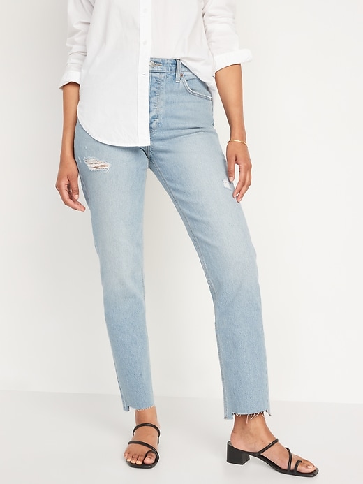 Image number 1 showing, High-Waisted Button-Fly Slouchy Straight Ripped Cut-Off Jeans for Women