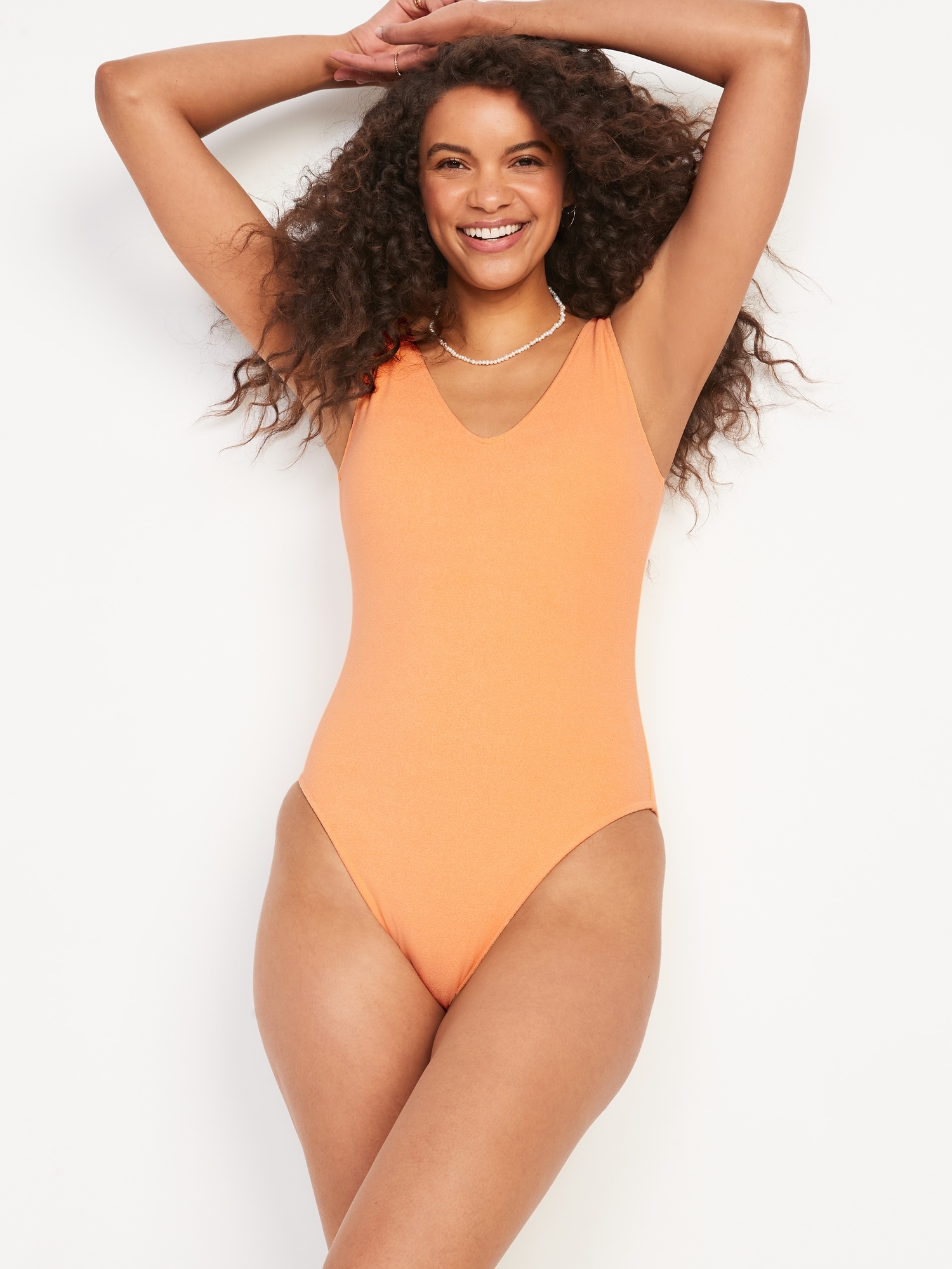 Old Navy V-Neck Terry One-Piece Swimsuit for Women orange. 1