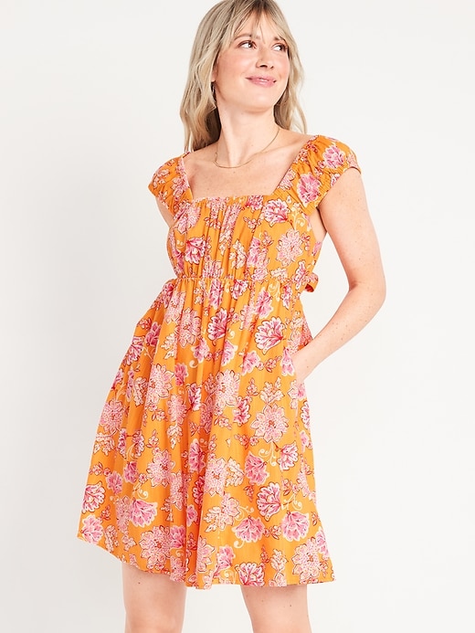 Oldnavy Cap-Sleeve Floral-Print Cutout Bow-Detailed Mini Swing Dress for Women