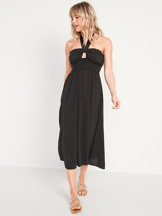Fit & Flare Smocked Twist-Front Halter Maxi Dress | Old Navy