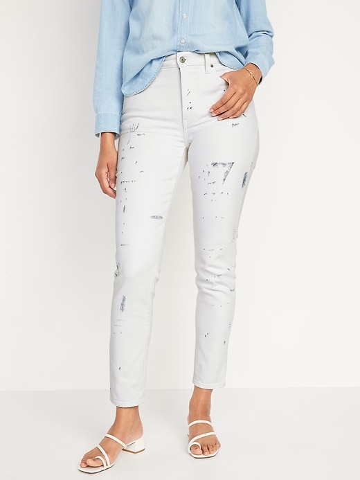 Image number 1 showing, High-Waisted OG Straight Paint-Splatter White Ankle Jeans for Women