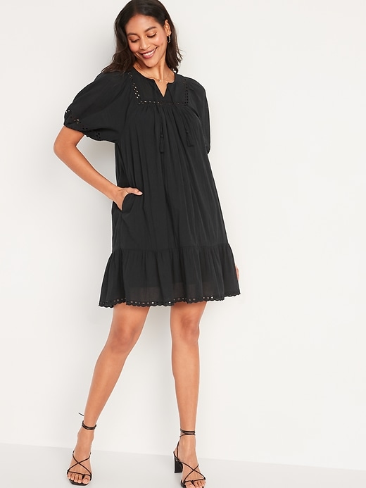 Image number 1 showing, Puff-Sleeve Tie-Neck Eyelet Mini Swing Dress for Women