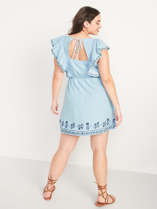 Image number 6 showing, Waist-Defined Flutter-Sleeve Ruffled Jean Mini Dress for Women