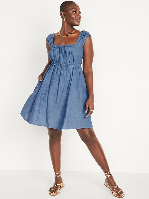 Image number 5 showing, Cap-Sleeve Chambray Cutout Bow-Detailed Mini Swing Dress for Women