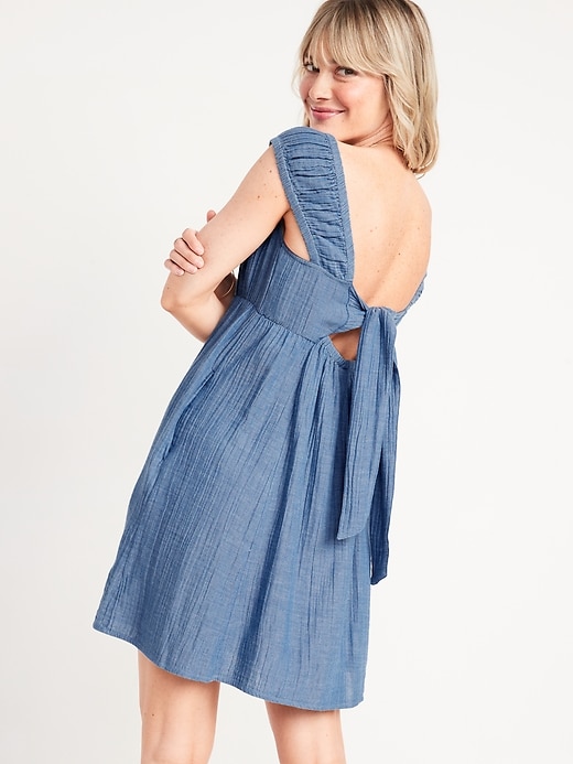 Image number 2 showing, Cap-Sleeve Chambray Cutout Bow-Detailed Mini Swing Dress for Women