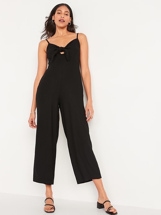 Image number 1 showing, Cropped Knotted Cutout Smocked Linen-Blend Wide-Leg Jumpsuit for Women
