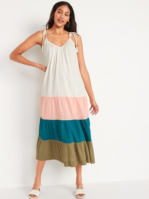 Image number 1 showing, Sleeveless Tasseled Color-Block All-Day Maxi Swing Dress for Women