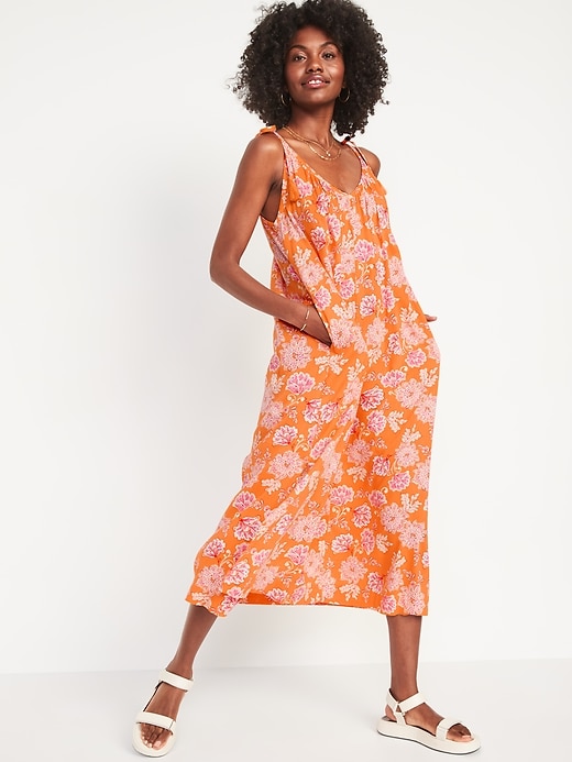 Image number 1 showing, Tie-Shoulder Tasseled Floral-Print All-Day Maxi Swing Dress