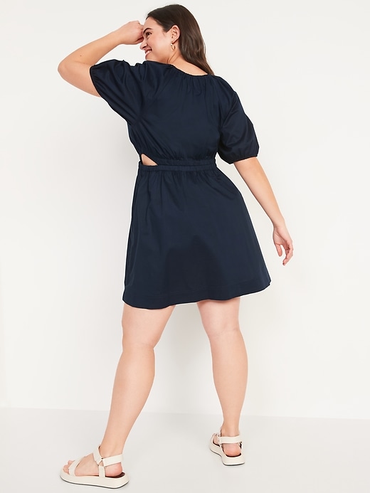Image number 6 showing, Waist-Defined Puff-Sleeve Cotton-Poplin Side-Cutout Mini Dress for Women