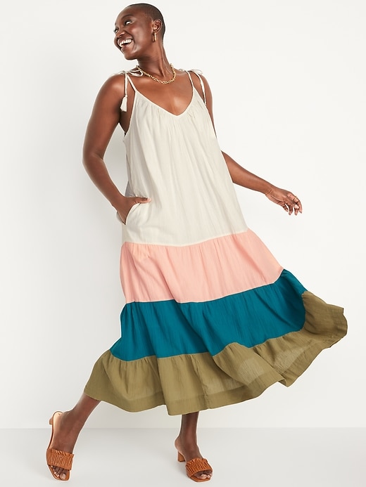 Image number 4 showing, Sleeveless Tasseled Color-Block All-Day Maxi Swing Dress for Women