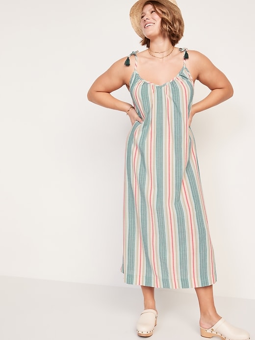 Image number 5 showing, Tie-Shoulder Tasseled Striped All-Day Maxi Swing Dress
