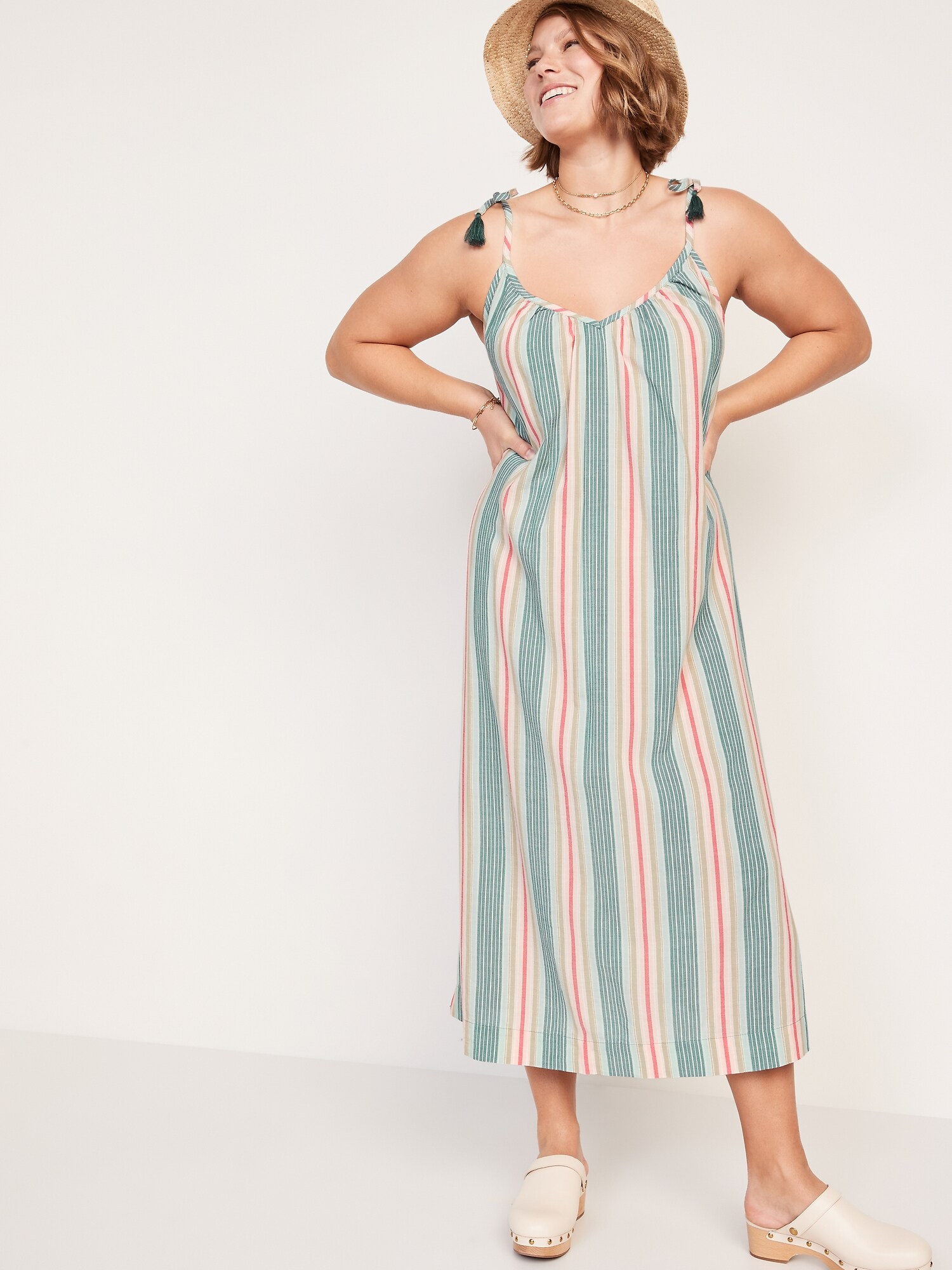 Tie-Shoulder Tasseled Striped All-Day Maxi Swing Dress for Women | Old Navy