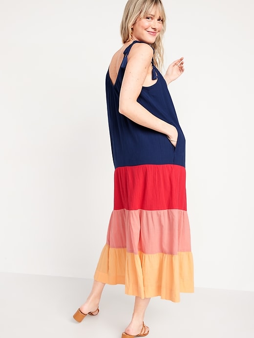 Image number 8 showing, Sleeveless Tasseled Color-Block All-Day Maxi Swing Dress for Women