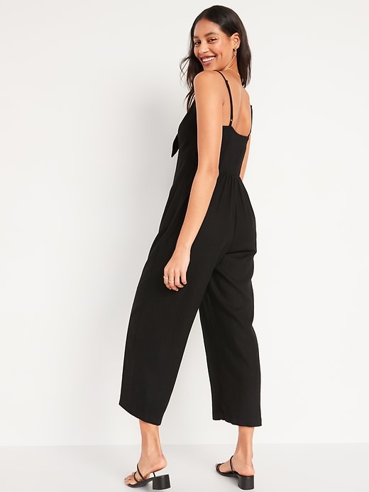 Image number 2 showing, Cropped Knotted Cutout Smocked Linen-Blend Wide-Leg Jumpsuit for Women