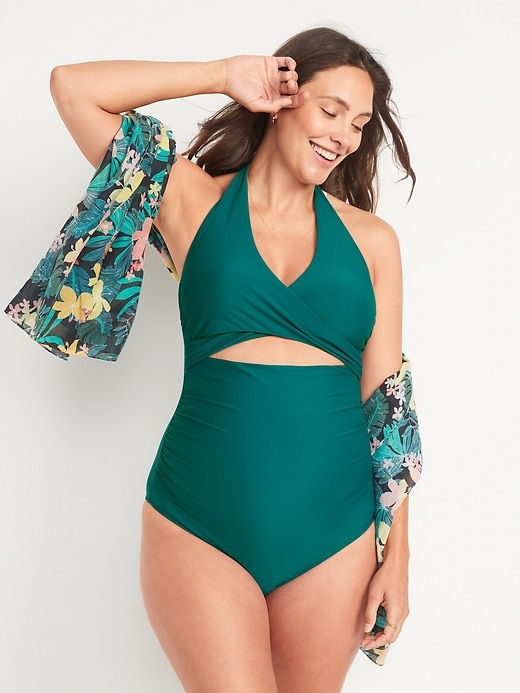 Image number 3 showing, Maternity Halter Cross-Front One-Piece Swimsuit