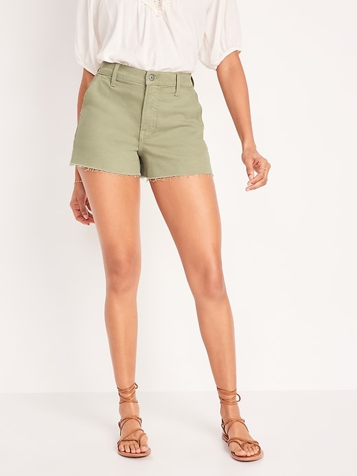 Image number 1 showing, Higher High-Waisted Sky-Hi A-Line Cut-Off Workwear Jean Shorts -- 3-inch inseam