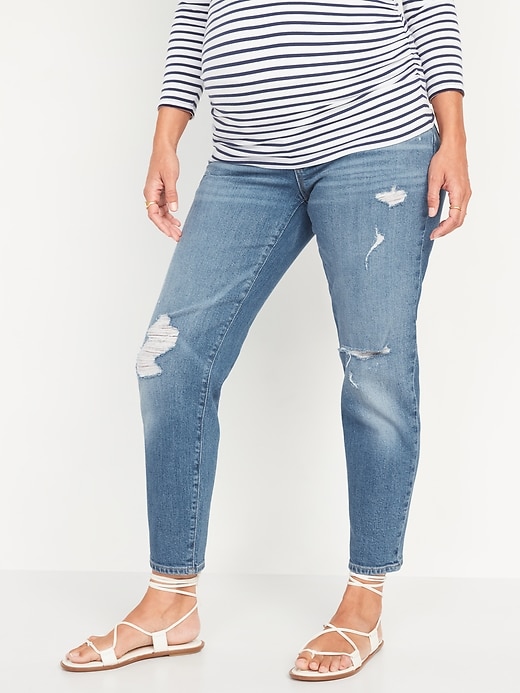 Image number 1 showing, Maternity Full Panel Slouchy Straight Ripped Cropped Jeans