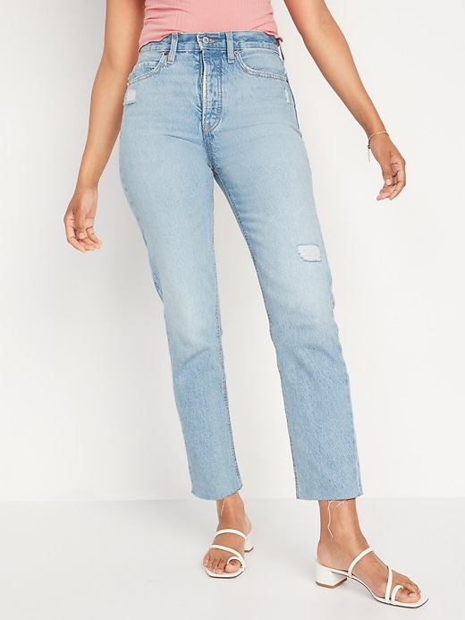 Image number 1 showing, Extra High-Waisted Button-Fly Non-Stretch Straight Jeans for Women