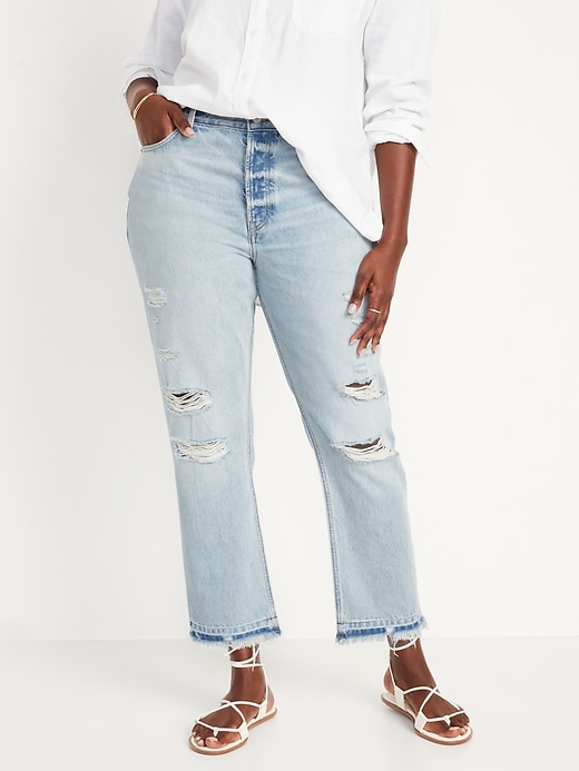 Image number 5 showing, High-Waisted Slouchy Straight Distressed Cut-Off Non-Stretch Jeans for Women