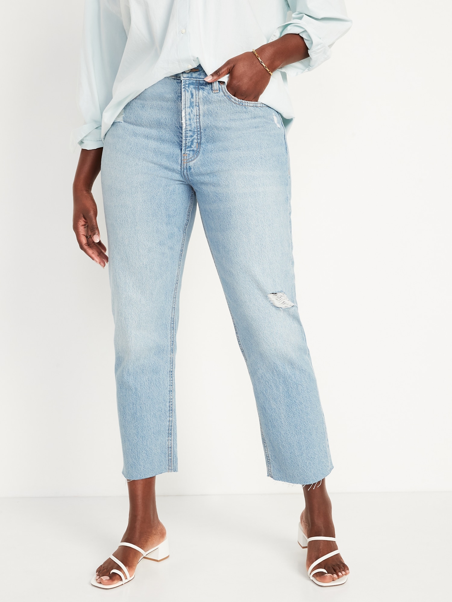 Extra High-Waisted Button-Fly Sky-Hi Straight Non-Stretch Cut-Off Jeans ...