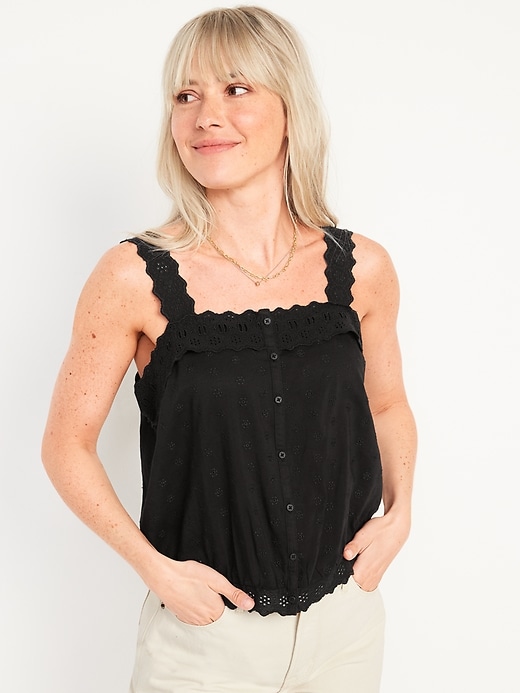 Image number 1 showing, Cropped Scalloped Embroidered Button-Down Cami Blouse