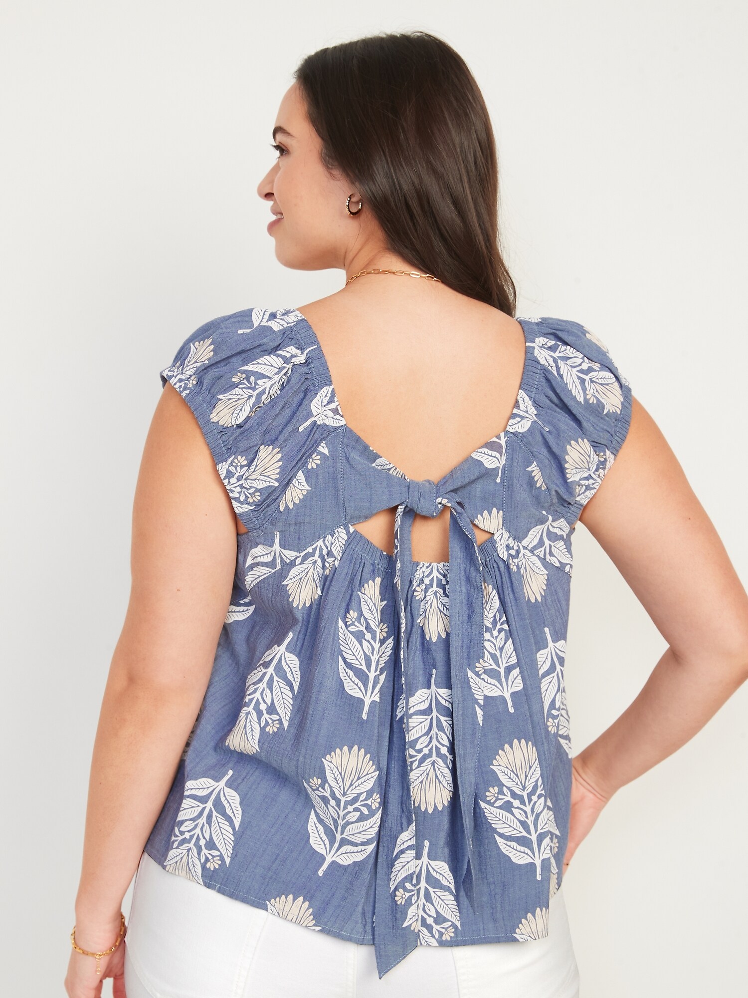 Puff-Sleeve Printed Cutout Tie-Back Swing Blouse for Women | Old Navy