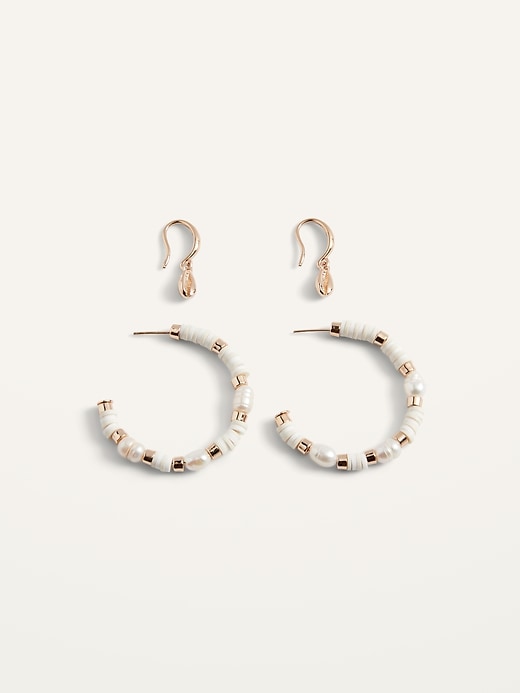 View large product image 1 of 1. Gold-Toned Drop Earrings & Freshwater Pearl Hoop Earrings Set for Women