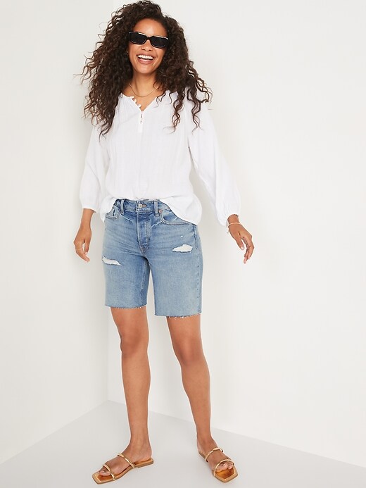 Image number 3 showing, High-Waisted Button-Fly O.G. Straight Distressed Cut-Off Jean Shorts -- 9-inch inseam