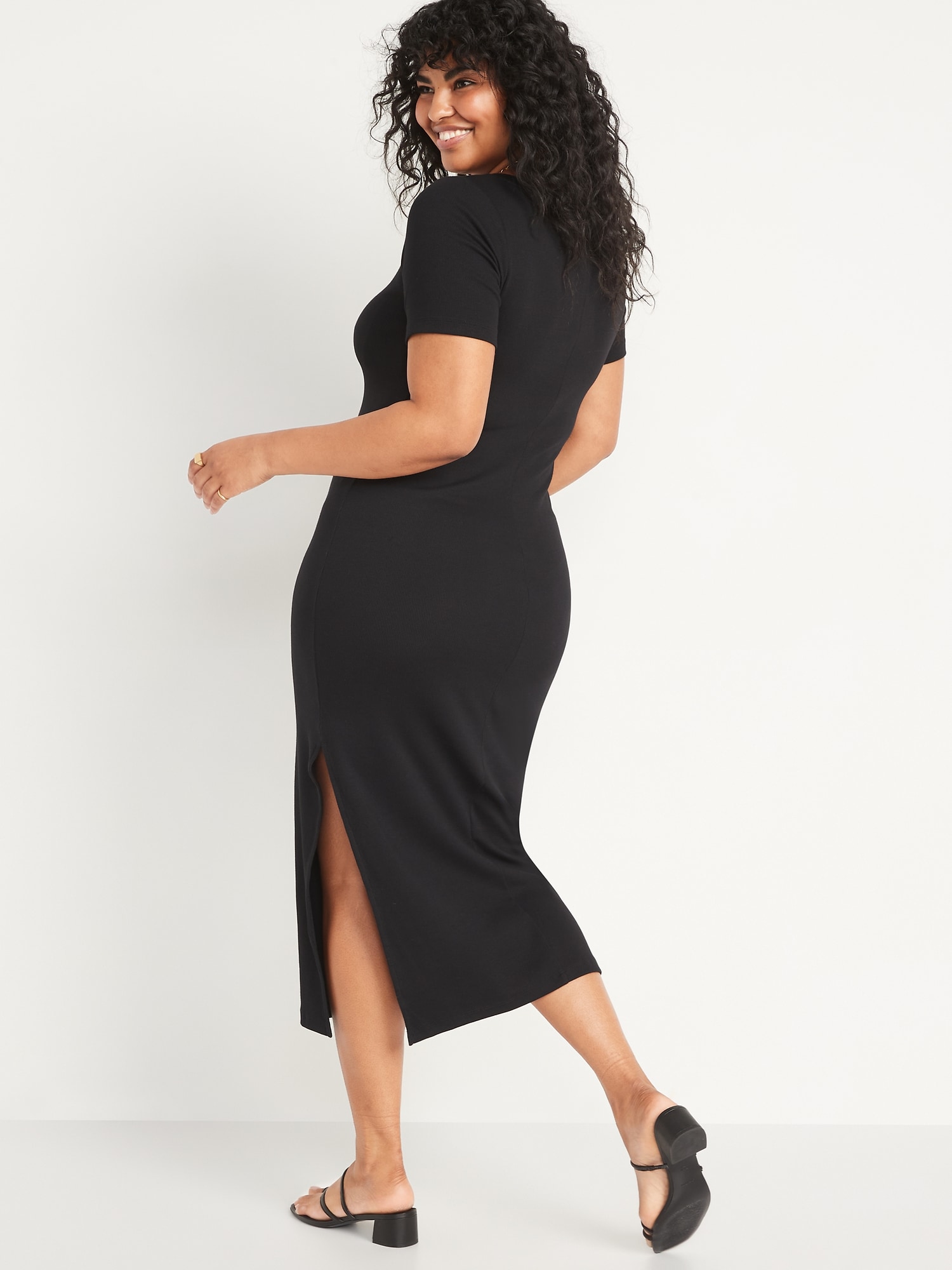 Fitted Short-Sleeve Rib-Knit Midi Dress for Women | Old Navy