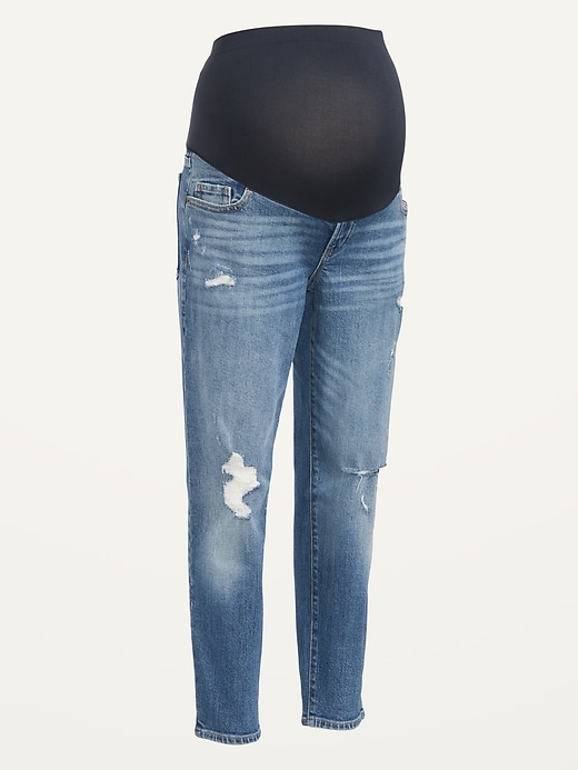 Image number 4 showing, Maternity Full Panel Slouchy Straight Ripped Cropped Jeans
