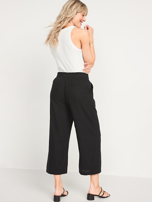 Image number 2 showing, High-Waisted Lettuce-Edge Linen-Blend Culotte Pants for Women