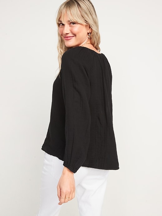 Image number 2 showing, Shirred Double-Weave Long-Sleeve Blouse for Women