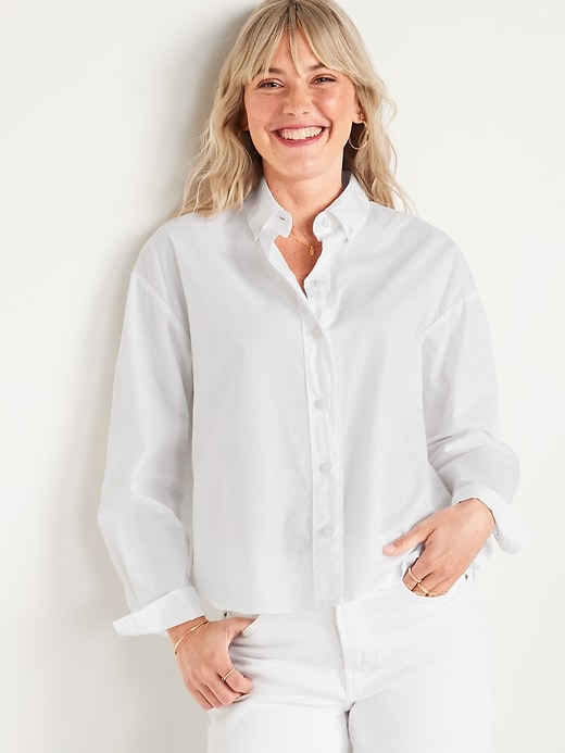 Image number 1 showing, Long-Sleeve Cropped Boyfriend Shirt for Women
