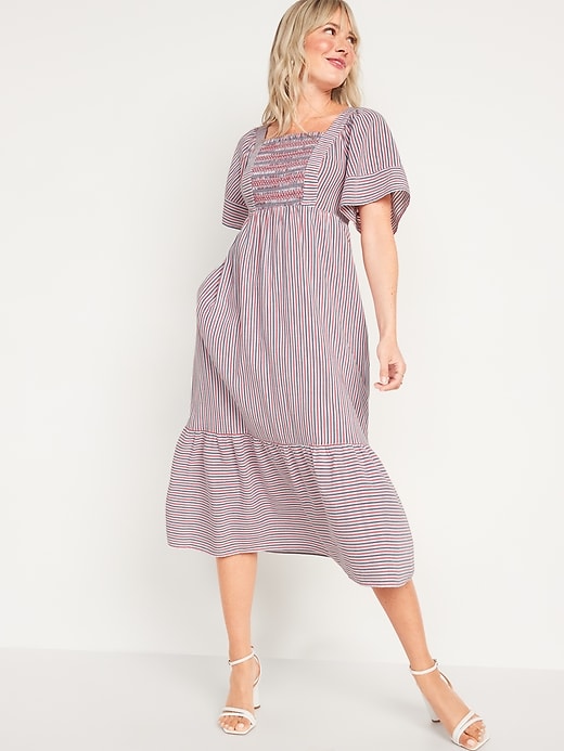 Image number 1 showing, Fit & Flare Short-Sleeve Striped Tie-Back Midi Dress for Women