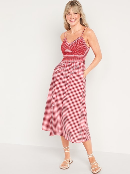 Image number 1 showing, Fit & Flare Gingham Embroidered Smocked Midi Cami Dress for Women