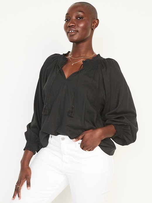 Oversized Long-Sleeve Smocked Linen-Blend Top | Old Navy