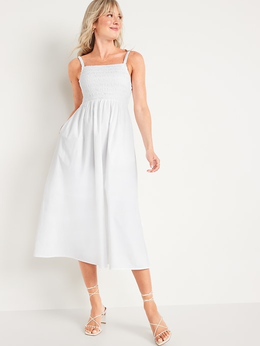 Image number 1 showing, Fit & Flare Sleeveless Cotton-Poplin Smocked-Bodice Midi Dress for Women