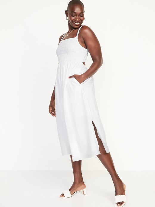 Image number 5 showing, Fit & Flare Sleeveless Cotton-Poplin Smocked-Bodice Midi Dress for Women