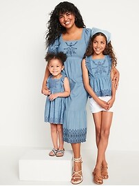 View large product image 3 of 3. Matching Chambray Embroidered Ruffle-Trim Swing Dress for Toddler Girls