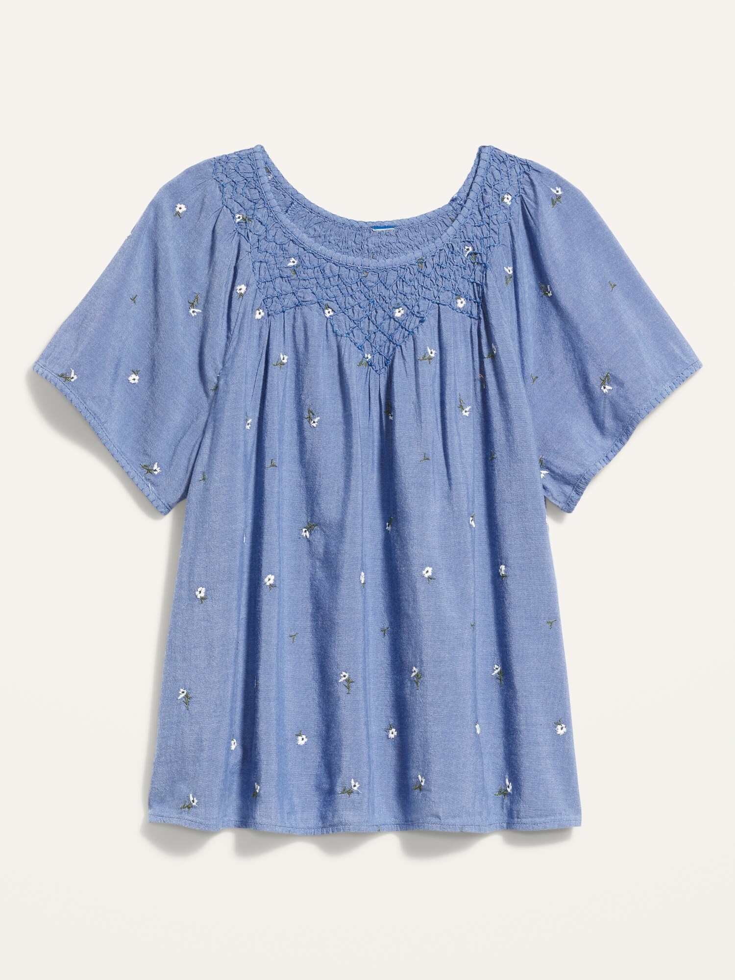 Flutter-Sleeve Smocked Floral-Embroidered Chambray Swing Blouse for ...