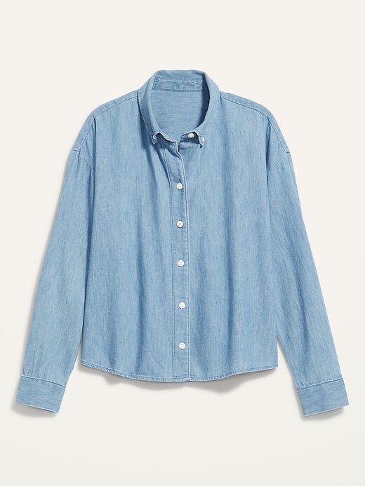 Image number 4 showing, Long-Sleeve Cropped Jean Boyfriend Shirt for Women
