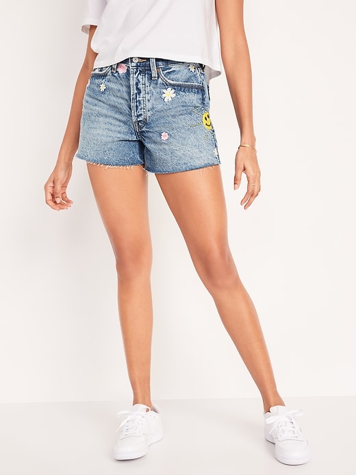 Old Navy Higher High-Waisted Button-Fly Sky-Hi A-Line Patchwork Cut-Off Non-Stretch Jean Shorts for Women -- 3-inch inseam. 1