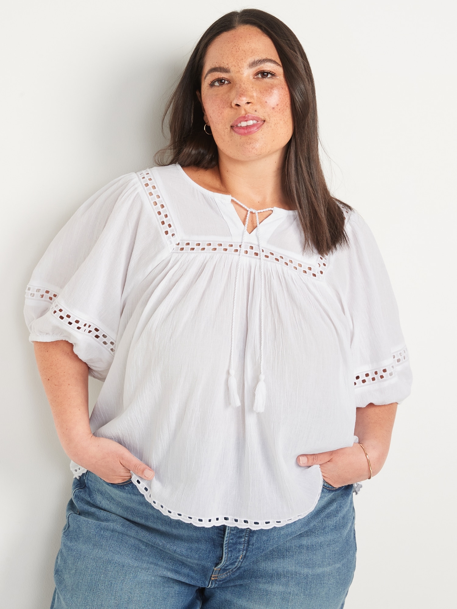 Elbow-Length Lace-Trimmed Poet Blouse for Women | Old Navy