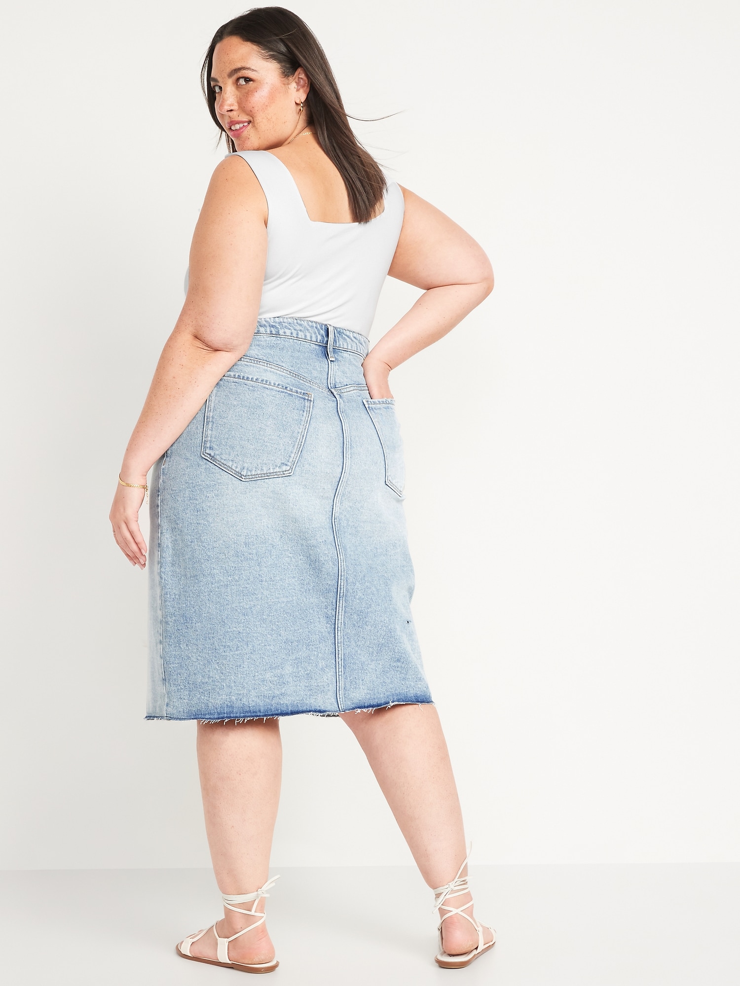 Higher High-Waisted Button-Fly Split-Front Cut-Off Midi Jean Pencil ...