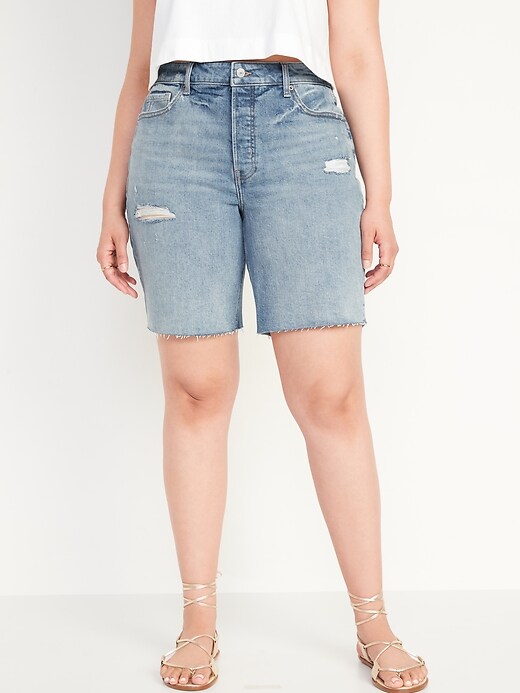 Image number 5 showing, High-Waisted Button-Fly O.G. Straight Distressed Cut-Off Jean Shorts -- 9-inch inseam