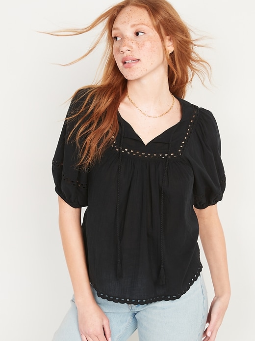 Image number 1 showing, Elbow-Length Lace-Trimmed Poet Blouse for Women