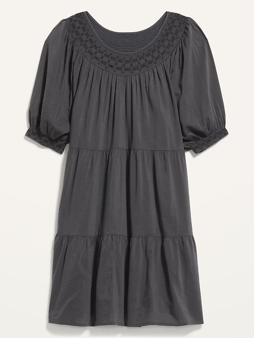 Image number 4 showing, Puff-Sleeve Embroidered Smocked Mini Swing Dress